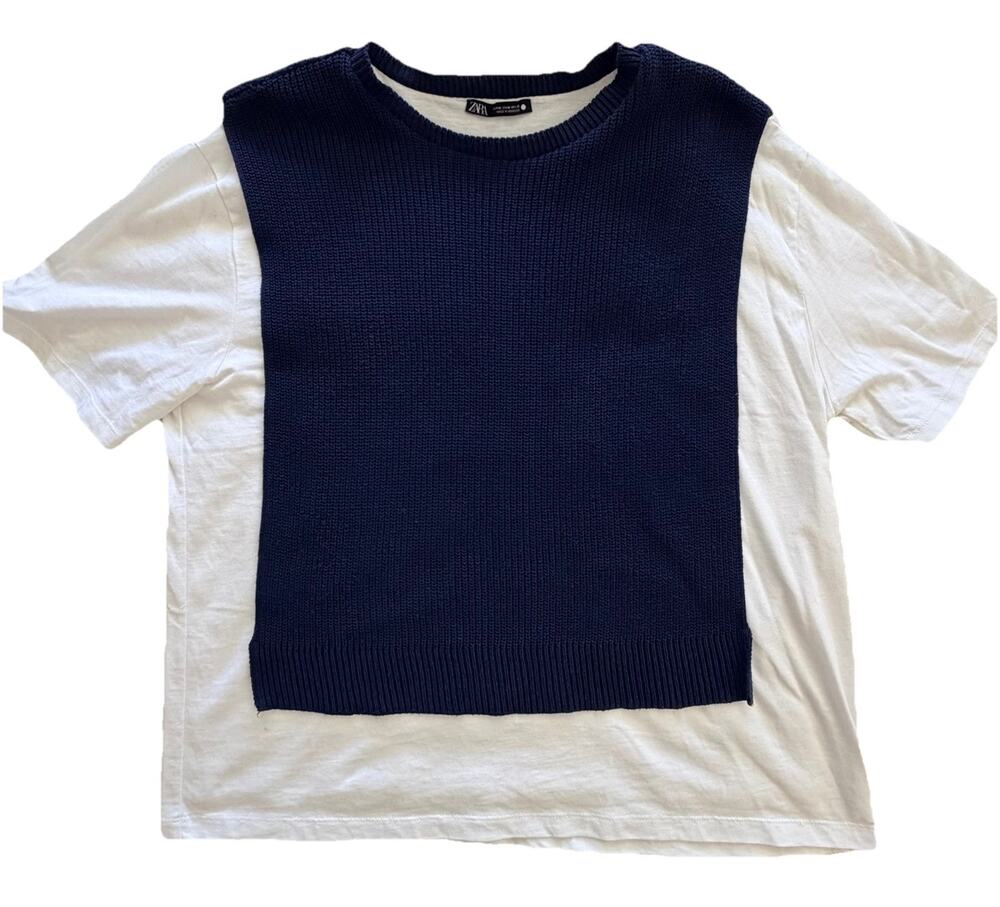 Zara Double Layer Knit Vest T-Shirt Navy White Size Medium M Classic Boho